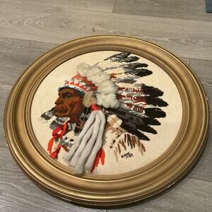 Vintage Framed Crewel Embroidery Native American Indian Chief 83 MCM Western Tan